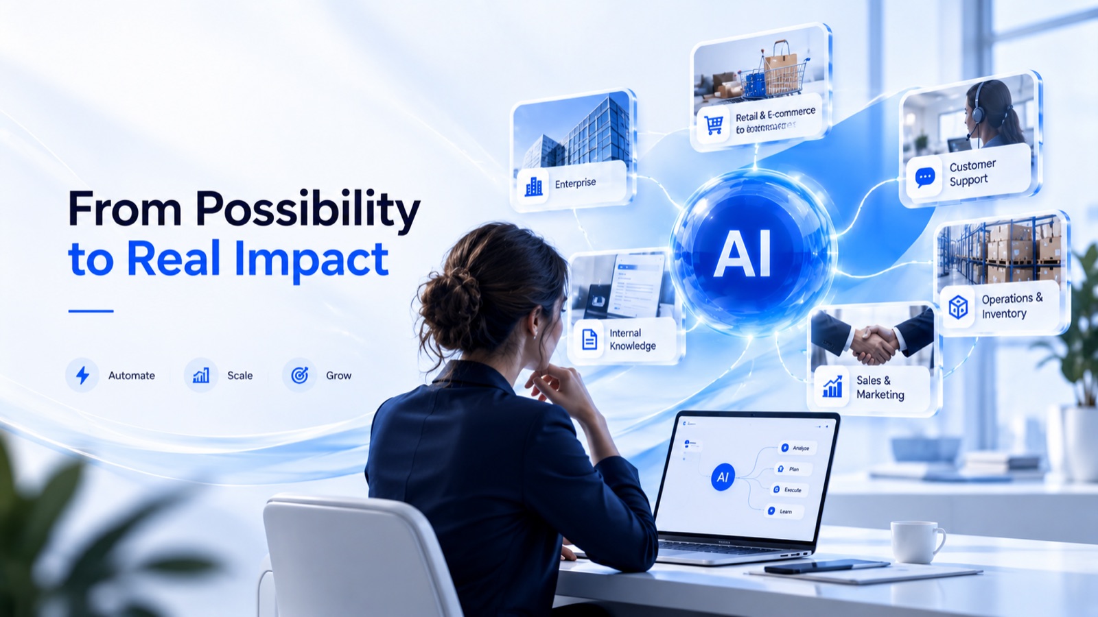 AI agents applied across enterprise, retail and e-commerce, customer support, internal knowledge, sales and marketing, and operations and inventory