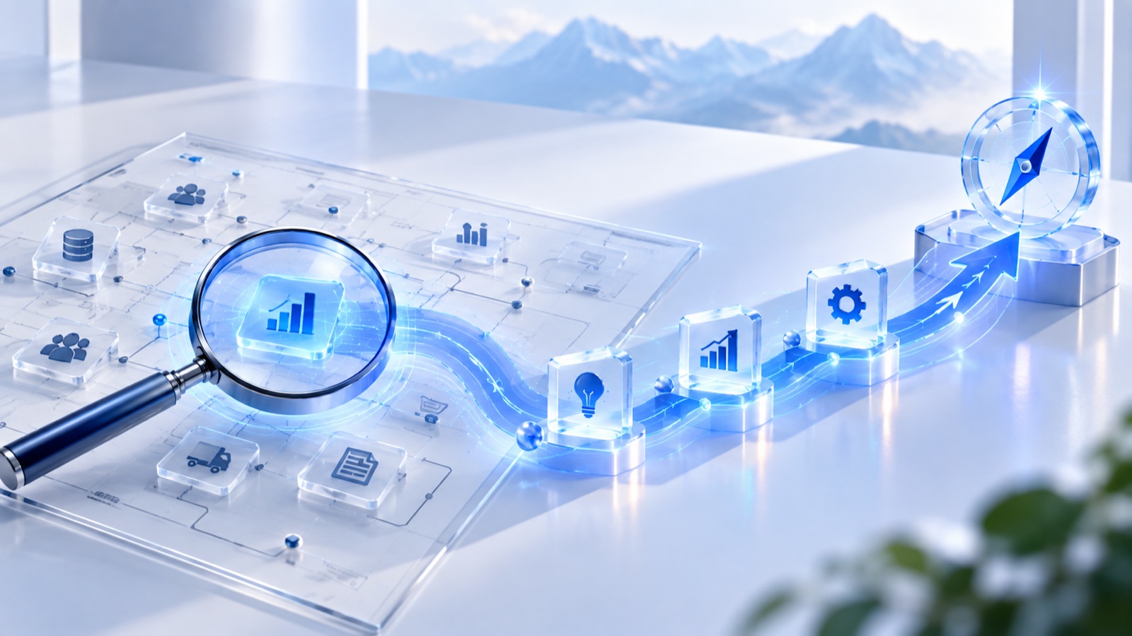 A magnifying glass examining a map of business systems, with a path of ideas, growth and optimisation leading to a compass
