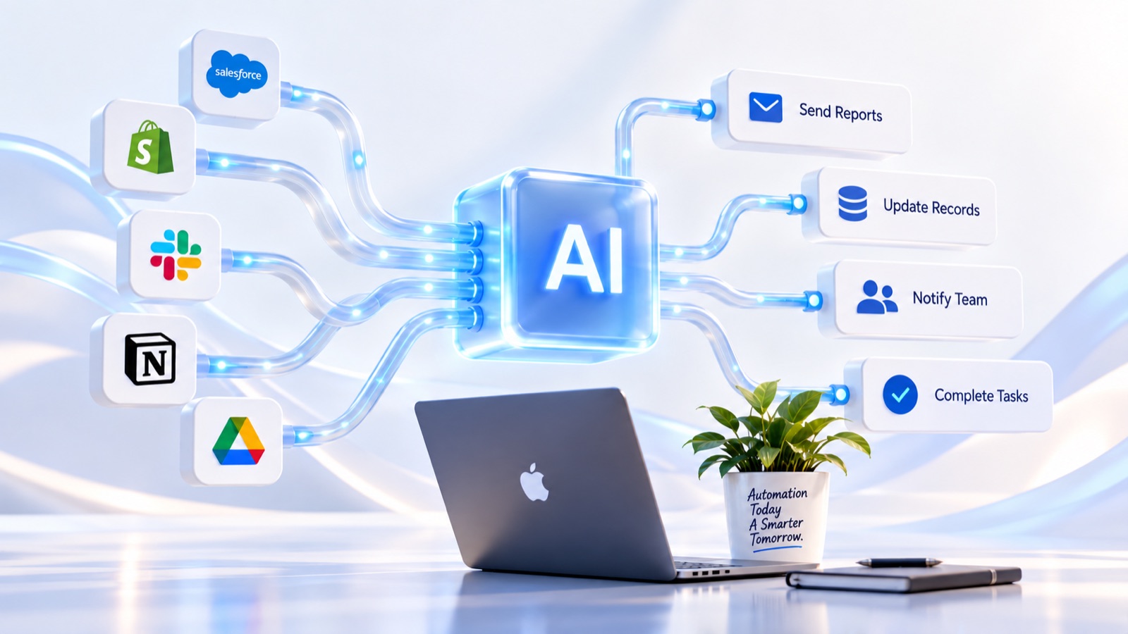 An AI hub connecting Salesforce, Shopify, Slack, Notion and Google Drive to automated actions: send reports, update records, notify team and complete tasks
