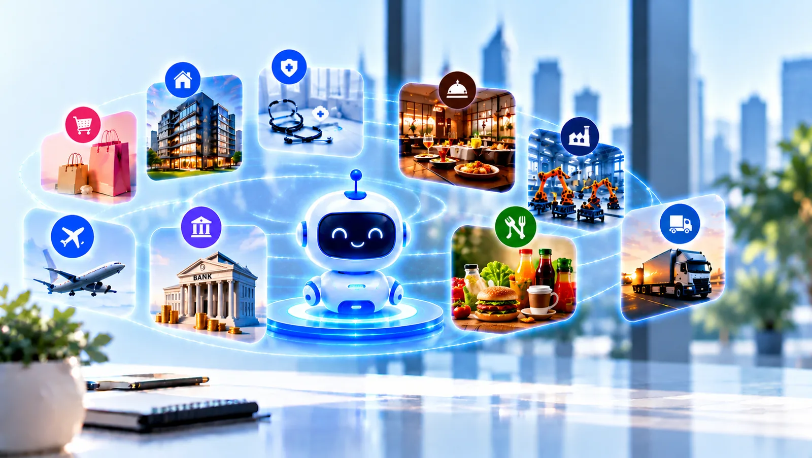 A friendly AI agent robot at the centre of connected industry cards for retail, real estate, healthcare, hospitality, manufacturing, airlines, banking, food and beverages and logistics