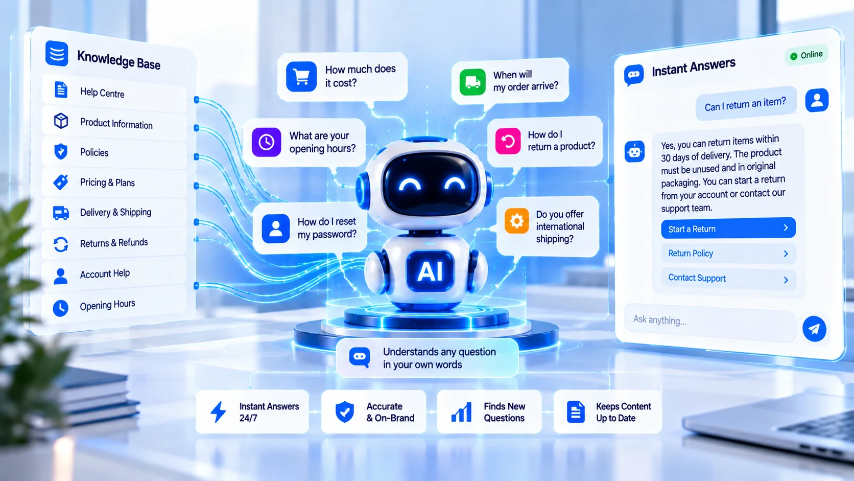 FAQ automation agent giving instant answers from a knowledge base covering pricing, delivery, returns, account help and opening hours