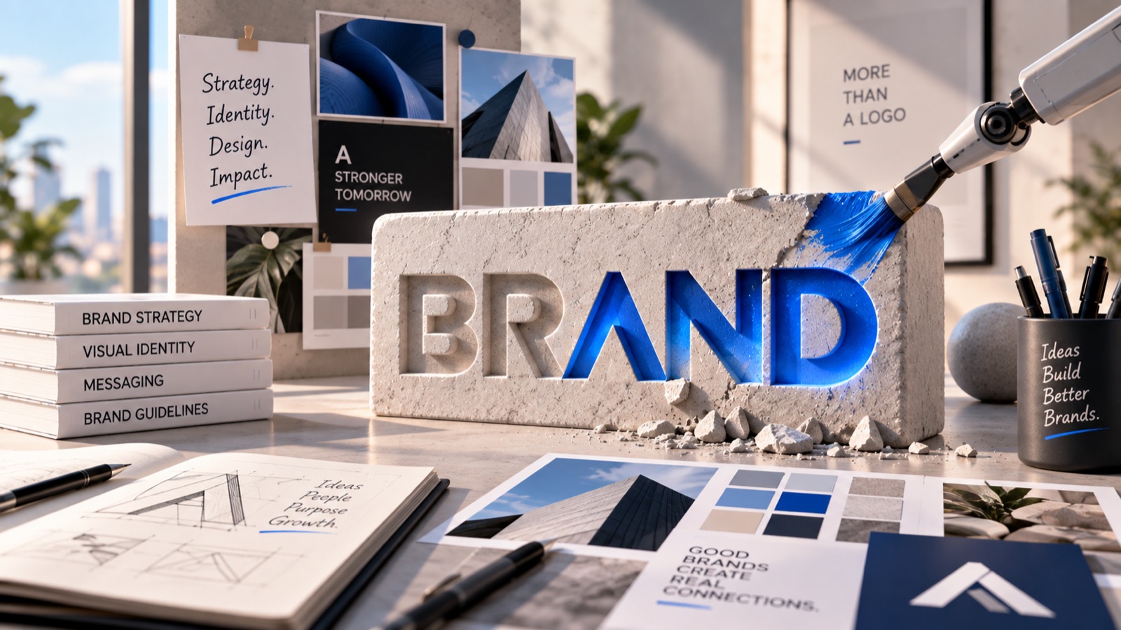 A brand identity studio desk with brand strategy, visual identity, messaging and brand guidelines, and a stone BRAND block being painted blue