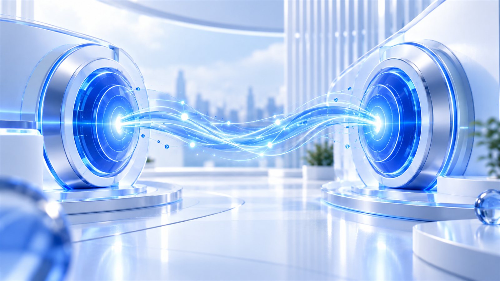 Two glowing blue connector portals linked by a flowing stream of light and data particles inside a bright white futuristic office overlooking a city skyline