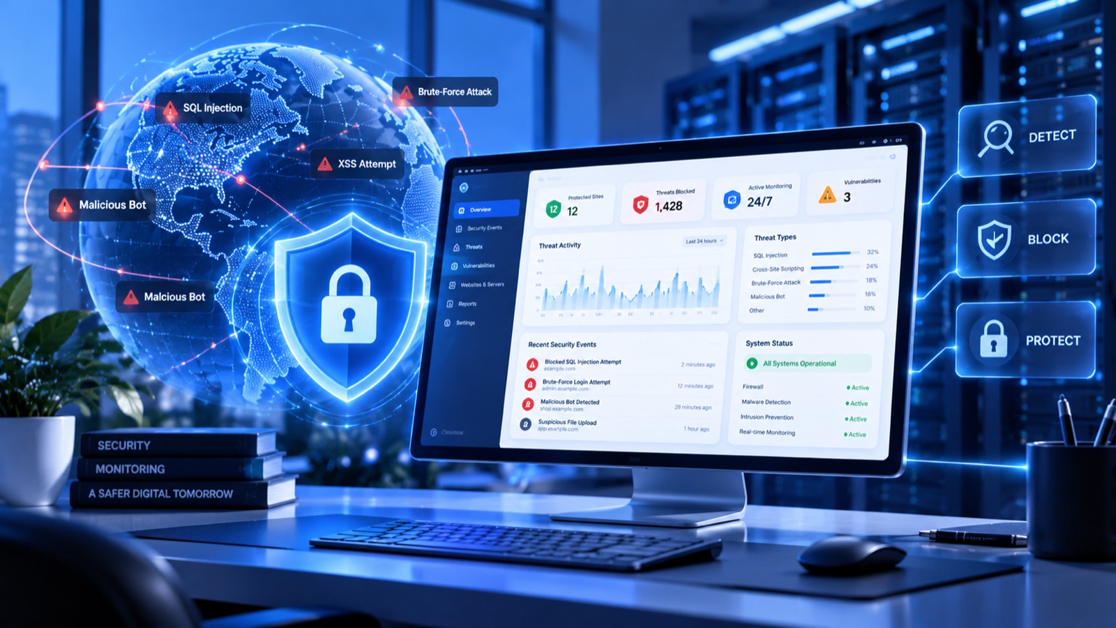 A security monitoring dashboard showing 12 protected sites, 1,428 threats blocked and 24/7 active monitoring, as SQL injection, XSS, brute-force and malicious bot attacks are detected and blocked