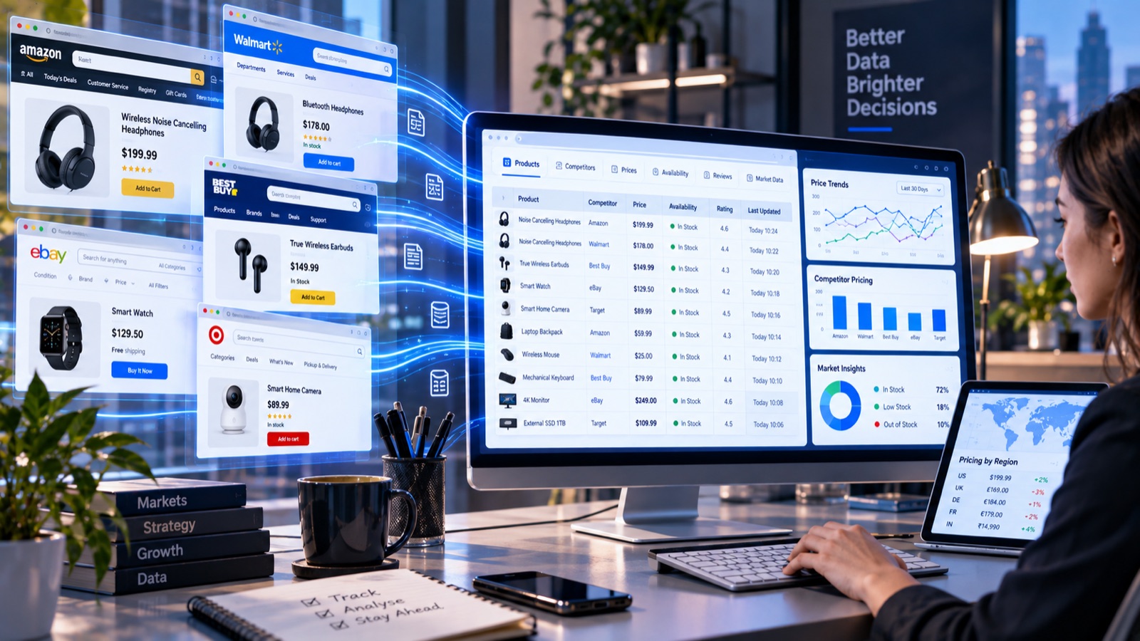 Competitor product pages from Amazon, Walmart, Best Buy, eBay and Target scraped into a pricing dashboard with price trends, competitor pricing, stock availability and pricing by region