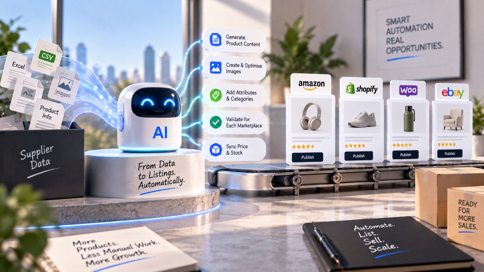 An AI assistant turning supplier spreadsheets into marketplace listings for Amazon, Shopify, WooCommerce and eBay, generating content, optimising images, adding attributes, validating each marketplace and syncing price and stock