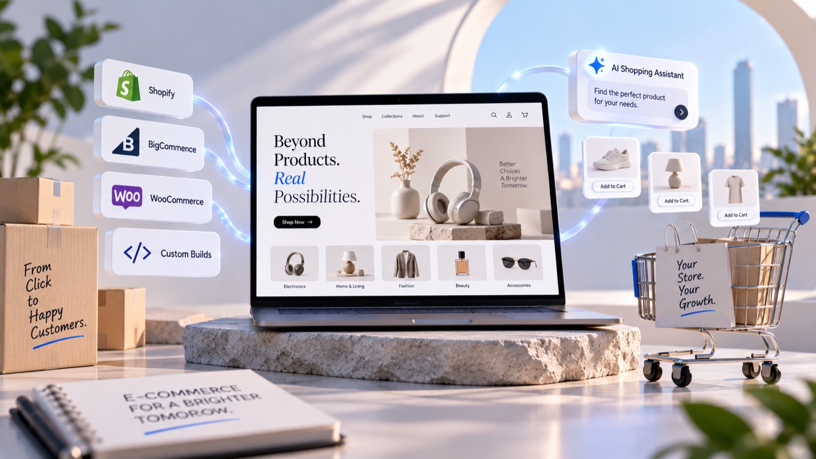 An online storefront on a laptop built on Shopify, BigCommerce, WooCommerce or a custom build, with an AI shopping assistant and add-to-cart product cards