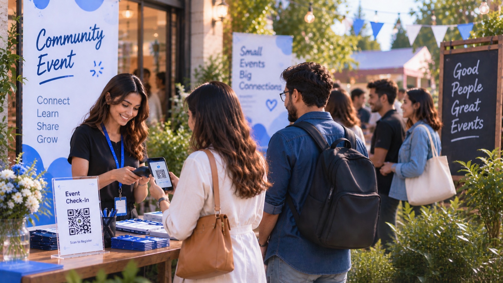 Attendees checking in at a community event by scanning a QR code on their phones at the registration desk