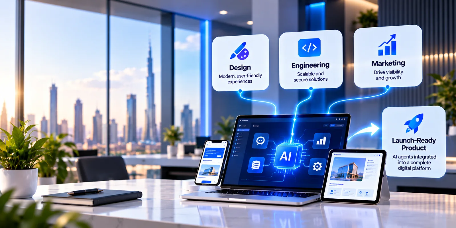 Design, engineering and marketing feeding into an AI-powered laptop, phone and tablet, delivering a launch-ready product with AI agents integrated into a complete digital platform
