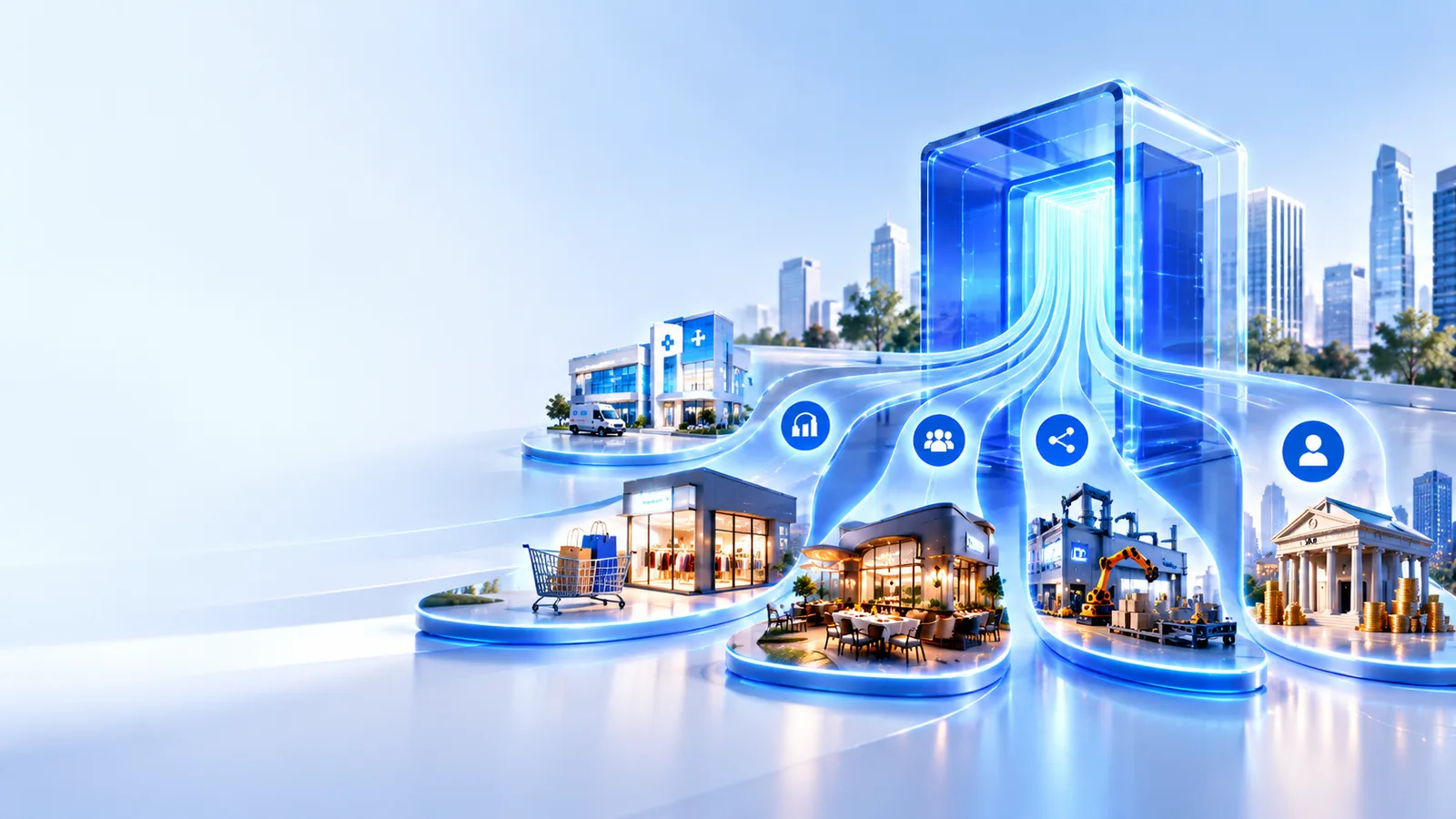 A glowing AI hub sending connected agents to a hospital, a retail store, a restaurant, a factory and a bank