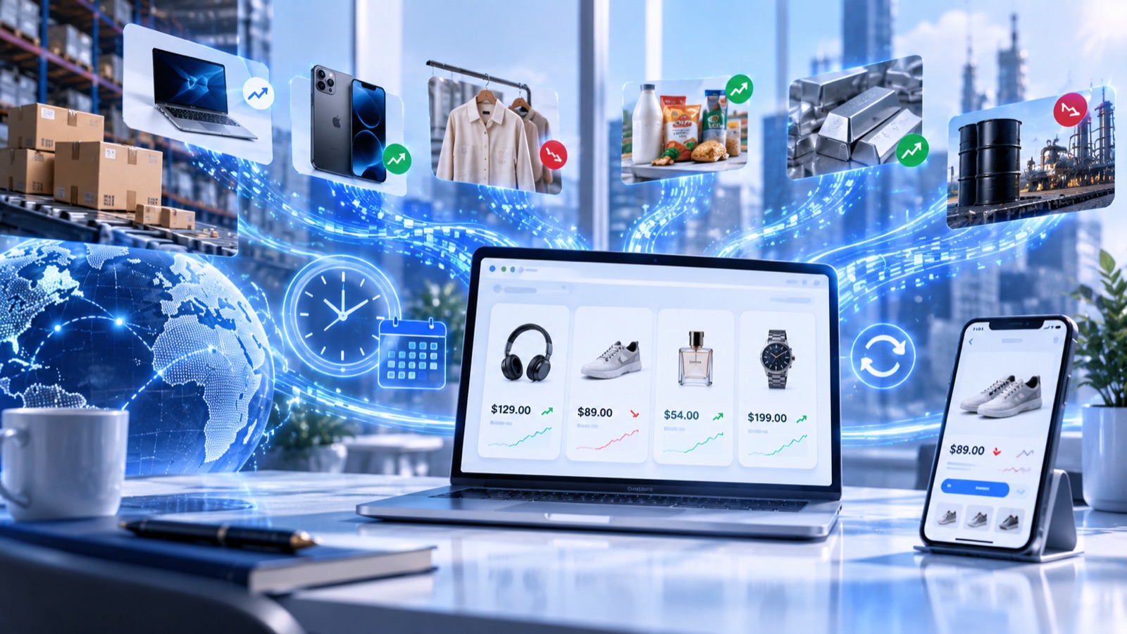 Live price tracking across electronics, apparel, groceries, metals and oil, with rising and falling price trends updating on a laptop and phone