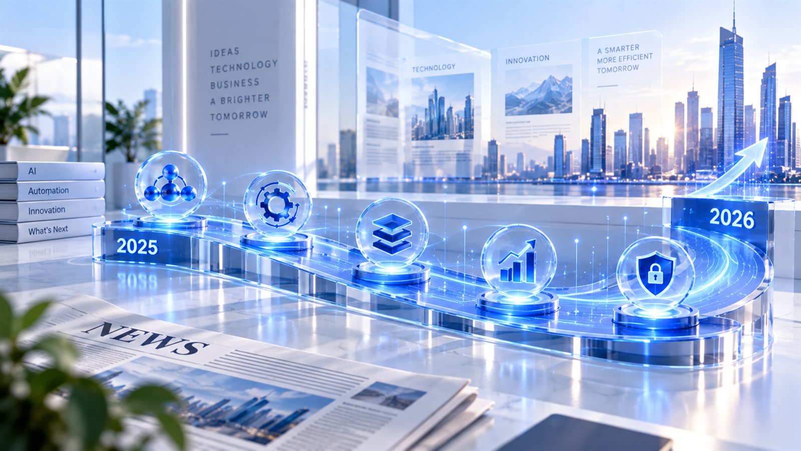 A glowing timeline running from 2025 to 2026 with five icons for AI networks, automation, layered platforms, growth and security, beside a newspaper headed News and books titled AI, Automation, Innovation and What's Next