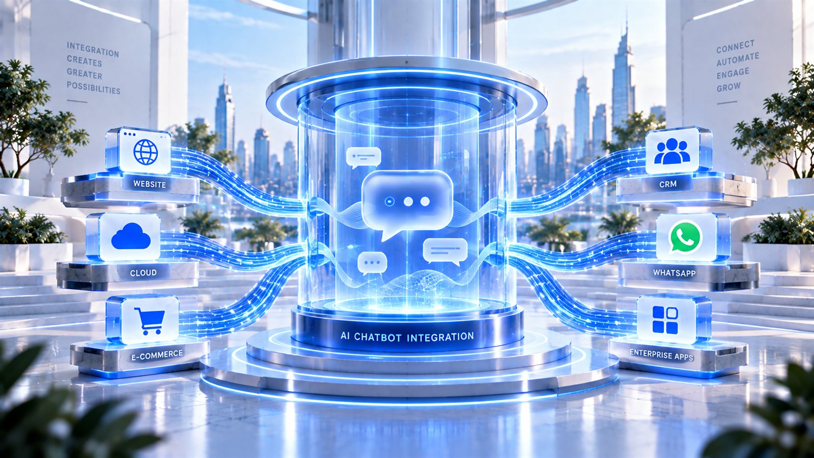 A glowing AI Chatbot Integration hub with chat bubbles inside a glass cylinder, connected by data streams to Website, Cloud and E-Commerce platforms on one side and CRM, WhatsApp and Enterprise Apps on the other