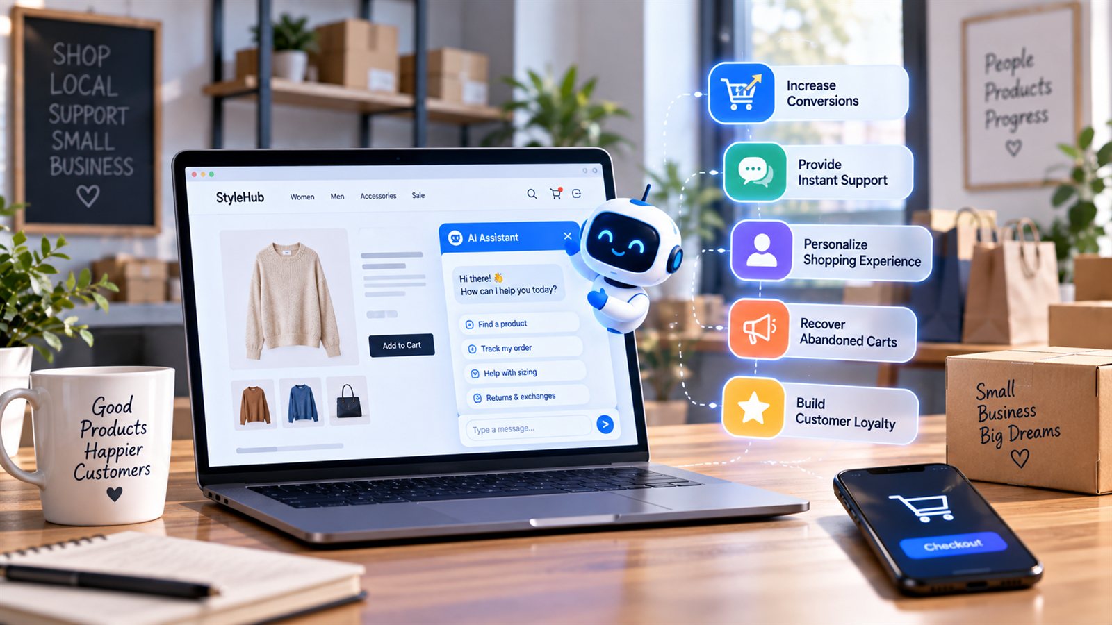 A StyleHub online store on a laptop with an AI Assistant chat offering to find a product, track an order and help with sizing, beside five benefits reading Increase Conversions, Provide Instant Support, Personalize Shopping Experience, Recover Abandoned Carts and Build Customer Loyalty