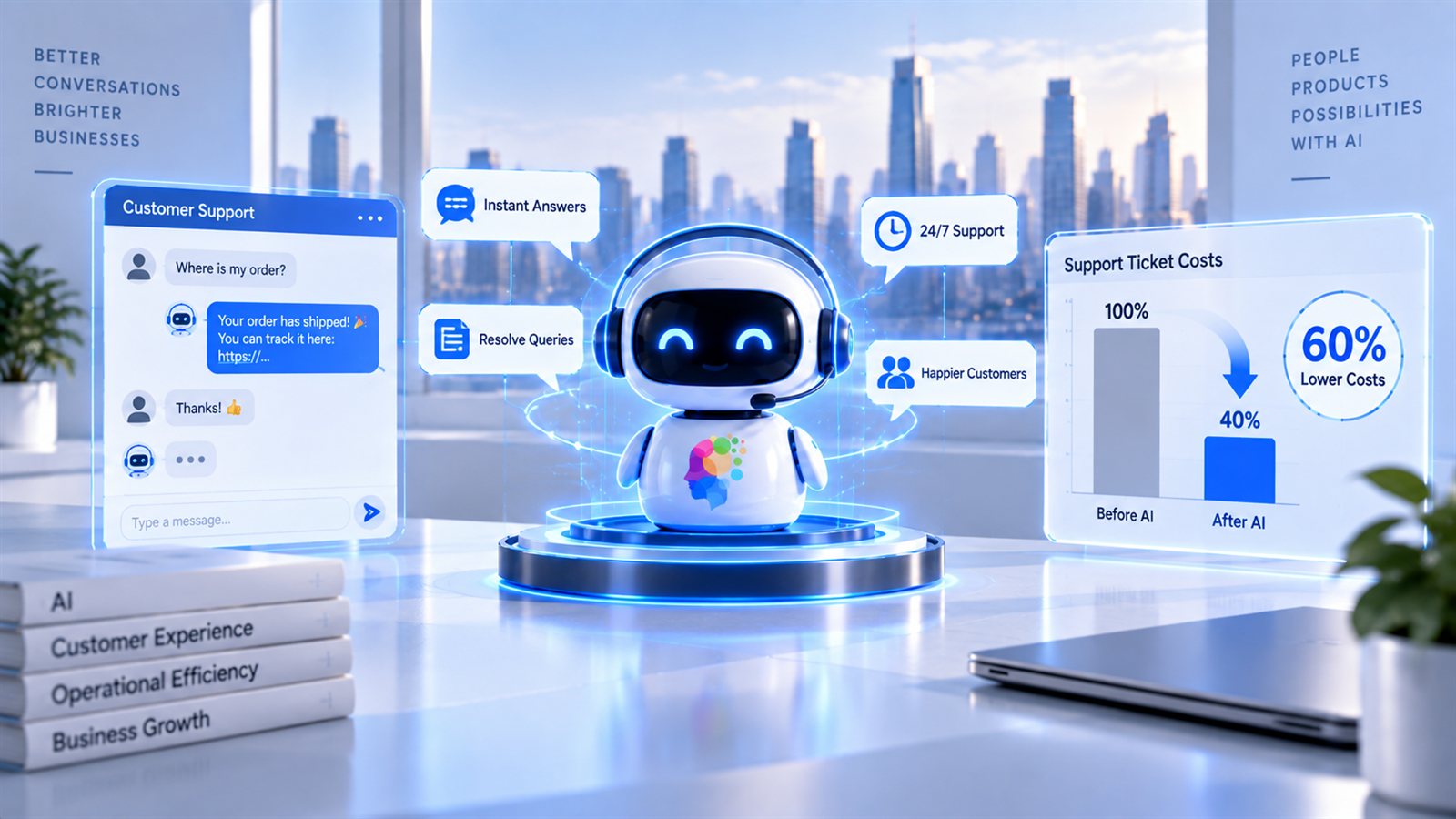 A headset-wearing AI support robot between a customer support chat answering Where is my order and a Support Ticket Costs chart dropping from 100 percent before AI to 40 percent after AI, labelled 60 percent lower costs