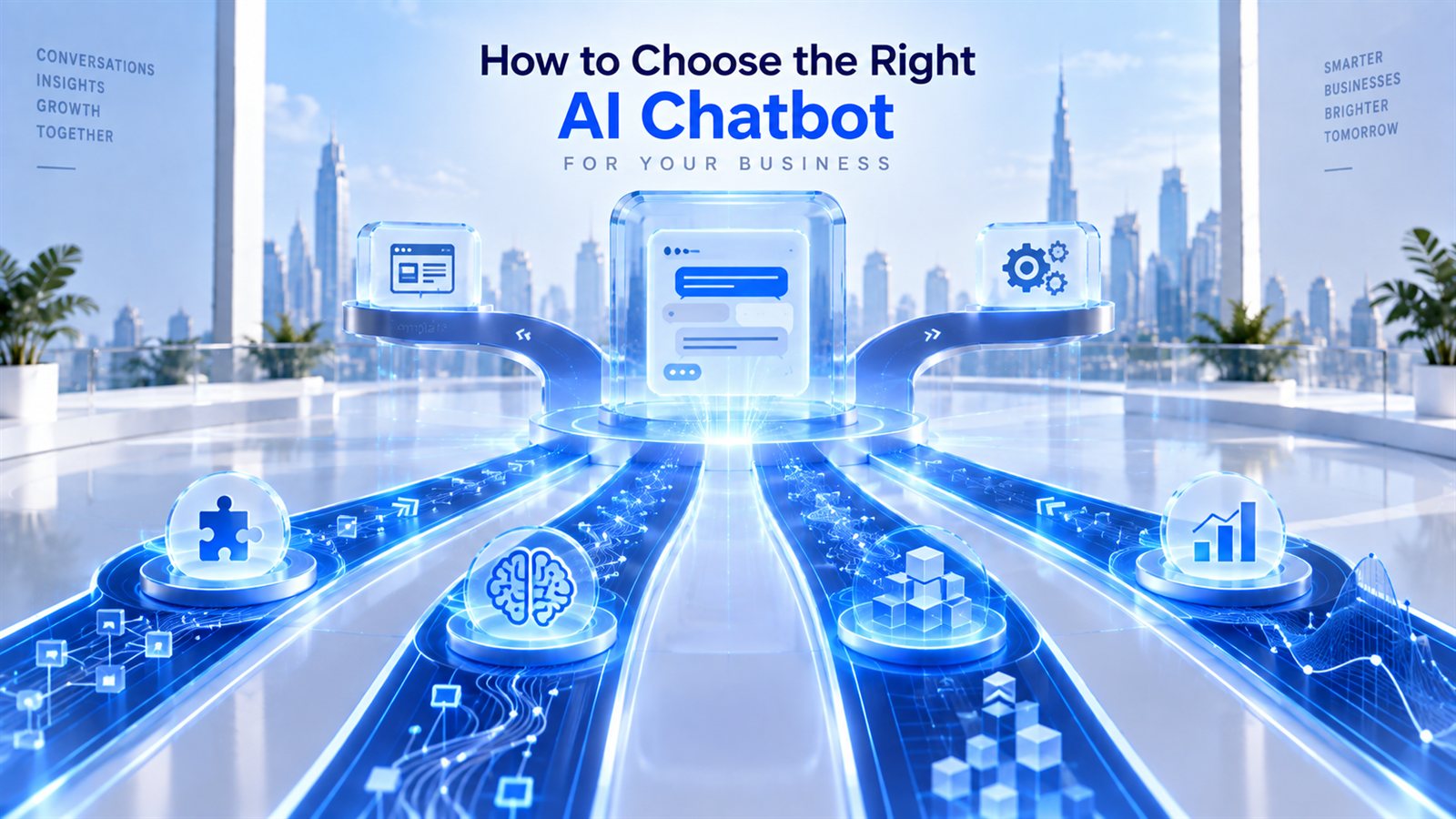 A glowing platform under the headline How to Choose the Right AI Chatbot for Your Business, with a central chat window linked to web page and gear modules and pathways leading to puzzle piece, brain, building block and growth chart icons