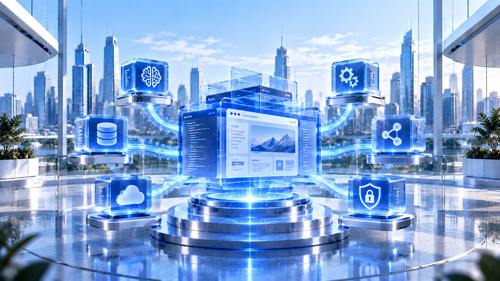 Layered software windows showing code and a web interface on a glowing pedestal, linked by light streams to icon cubes for AI, databases, cloud, automation, network integrations and security