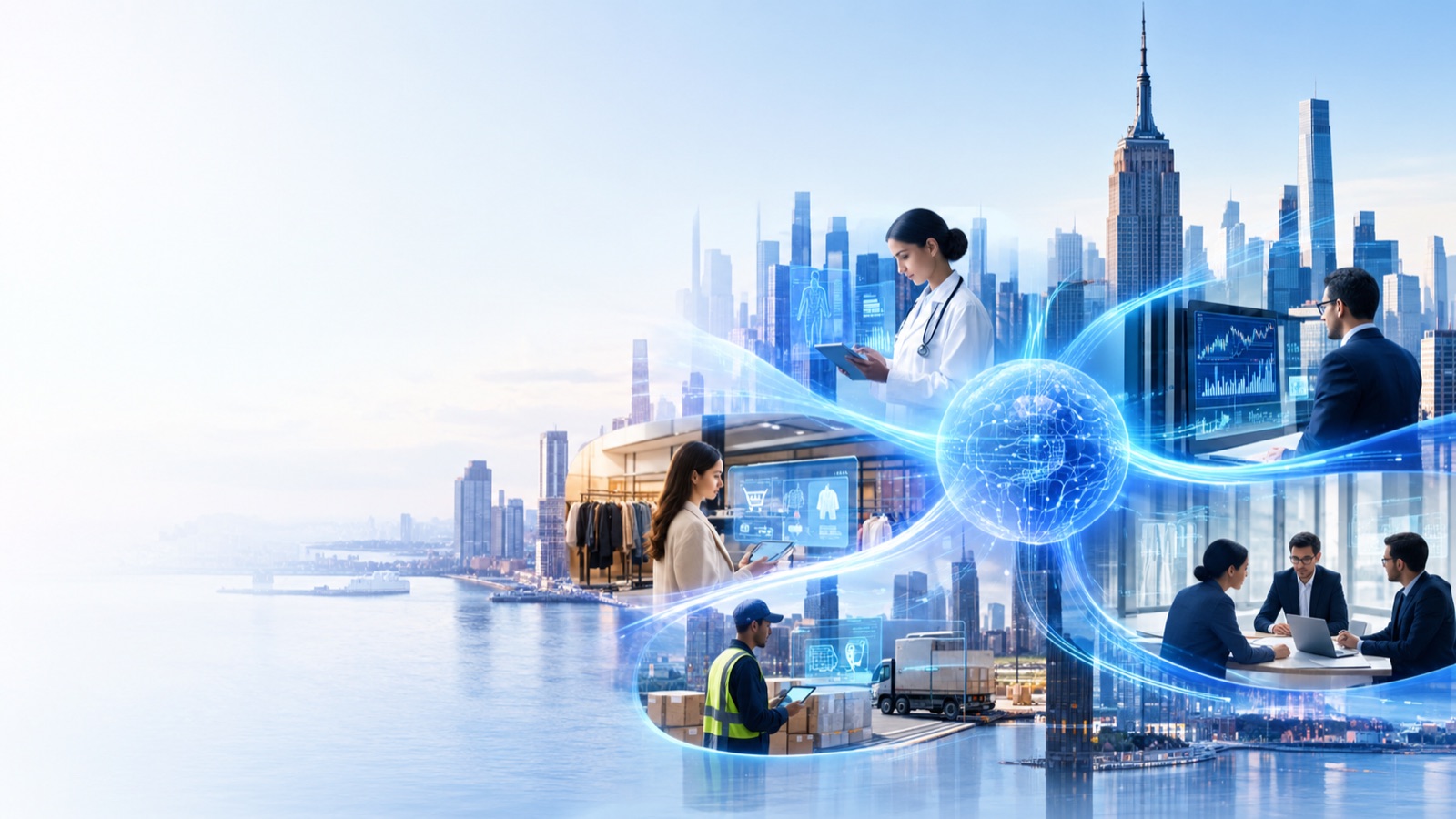 The New York skyline and Empire State Building, linked by an AI network to a doctor, a financial analyst, a retail shopper, a logistics worker and a business team