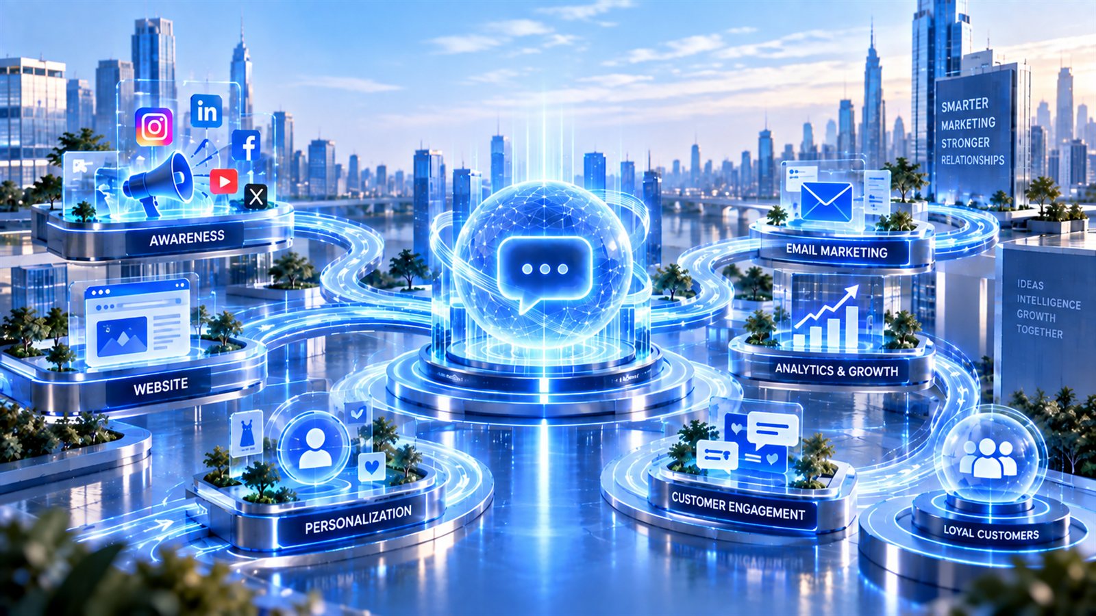 A central chatbot sphere connected by glowing pathways to marketing stations labelled Awareness with social media icons, Website, Personalization, Customer Engagement, Loyal Customers, Analytics and Growth, and Email Marketing across a futuristic city