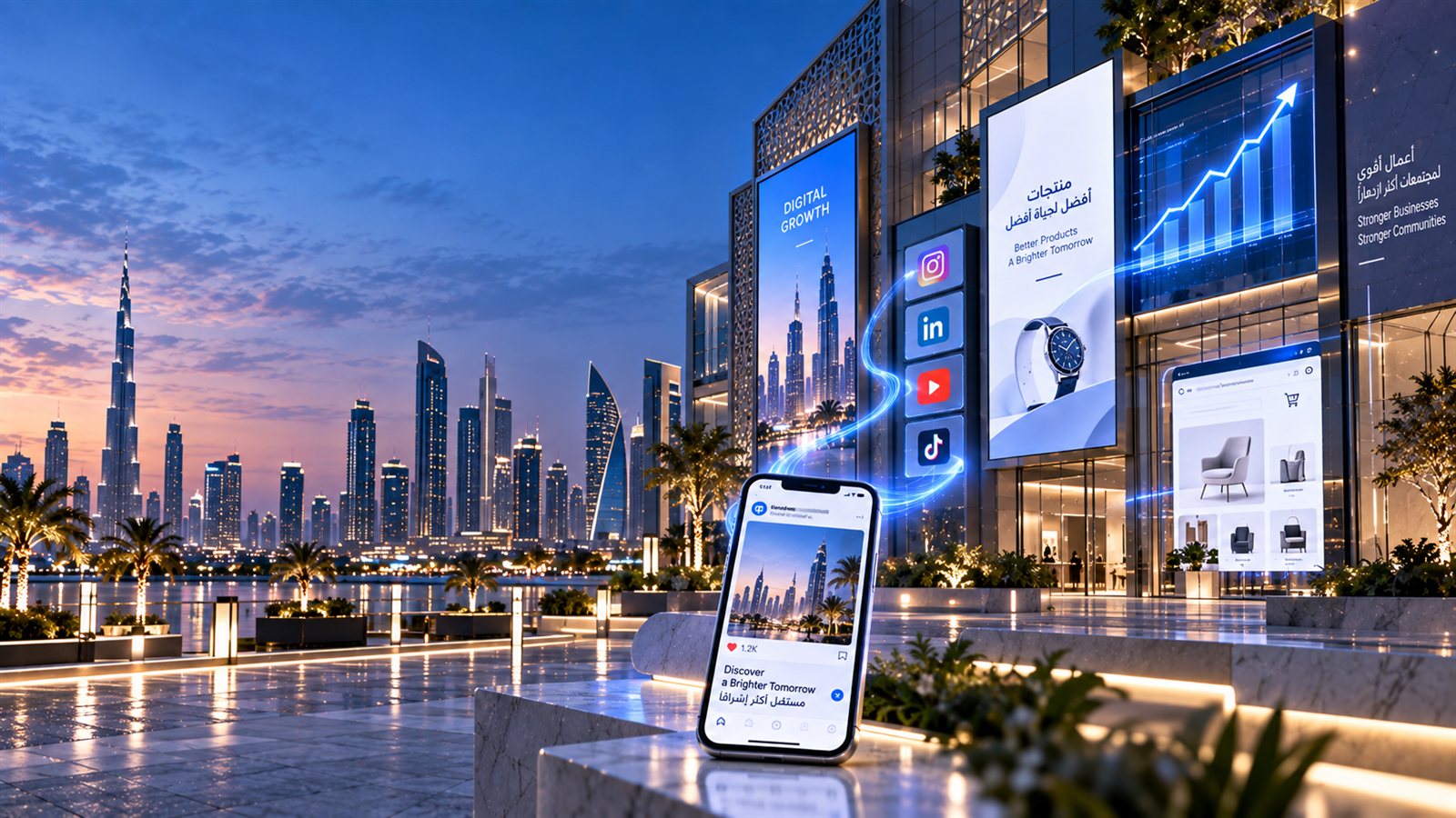 A modern Dubai waterfront building at dusk covered in digital billboards reading Digital Growth and Better Products, A Brighter Tomorrow, with Instagram, LinkedIn, YouTube and TikTok icons, a rising growth chart and a phone showing a bilingual social post