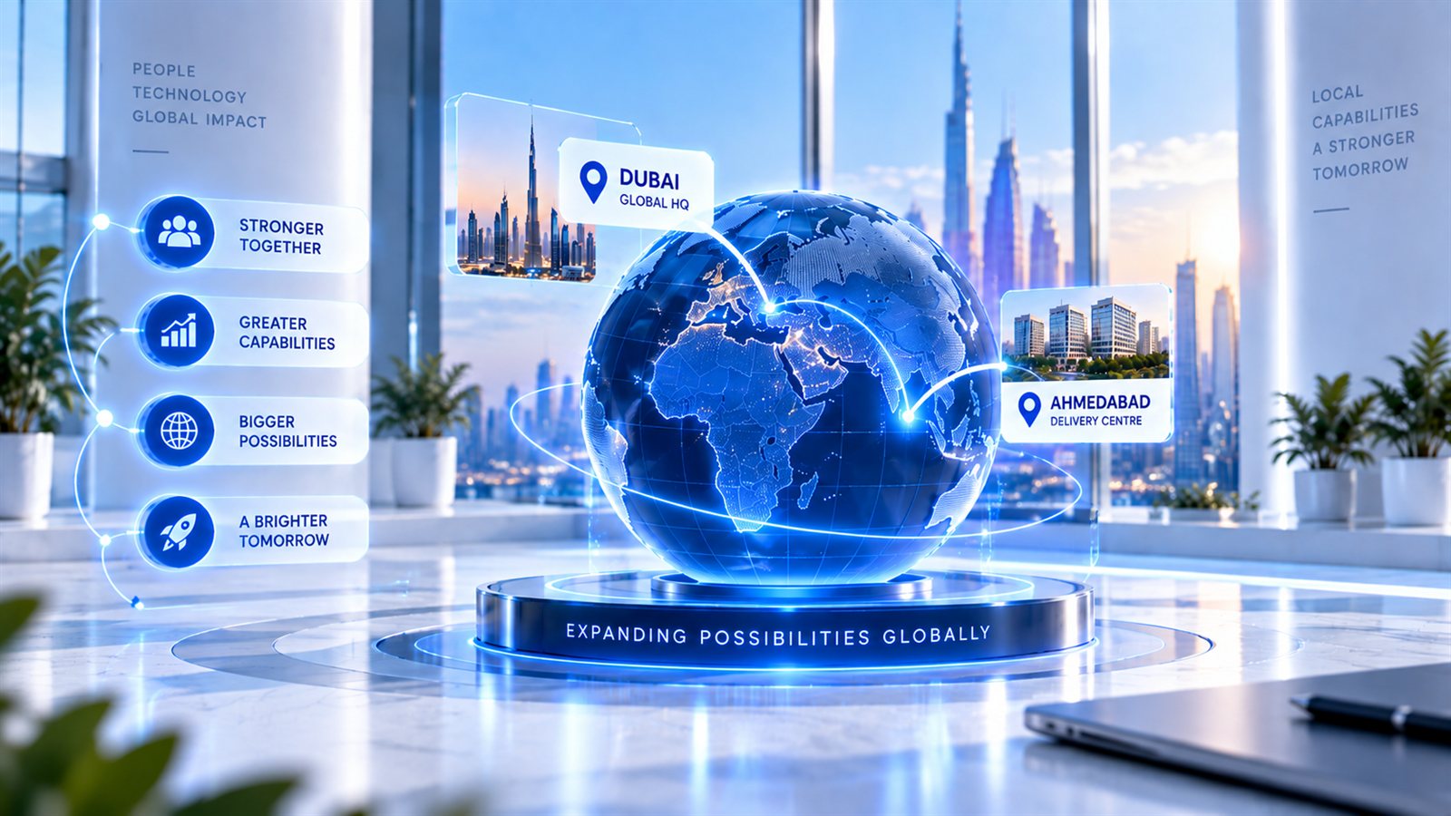 A glowing globe on a pedestal labelled Expanding Possibilities Globally, with arcs linking the Dubai Global HQ and Ahmedabad Delivery Centre location markers, beside panels reading Stronger Together, Greater Capabilities, Bigger Possibilities and A Brighter Tomorrow