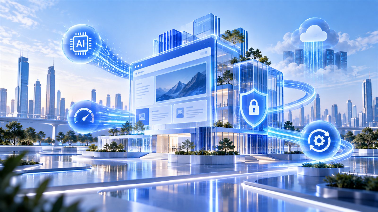 A modern glass building with a website layout on its facade, wrapped in light streams connecting AI chip, page speed gauge, security shield, cloud hosting and automatic update icons against a bright city skyline