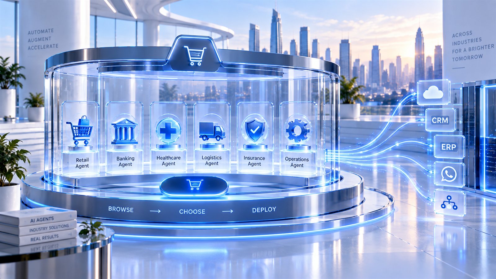 A glass AI agent store case topped with a shopping cart icon, holding Retail, Banking, Healthcare, Logistics, Insurance and Operations agents above a Browse, Choose, Deploy path, with light streams linking to cloud, CRM, ERP, WhatsApp and workflow integrations