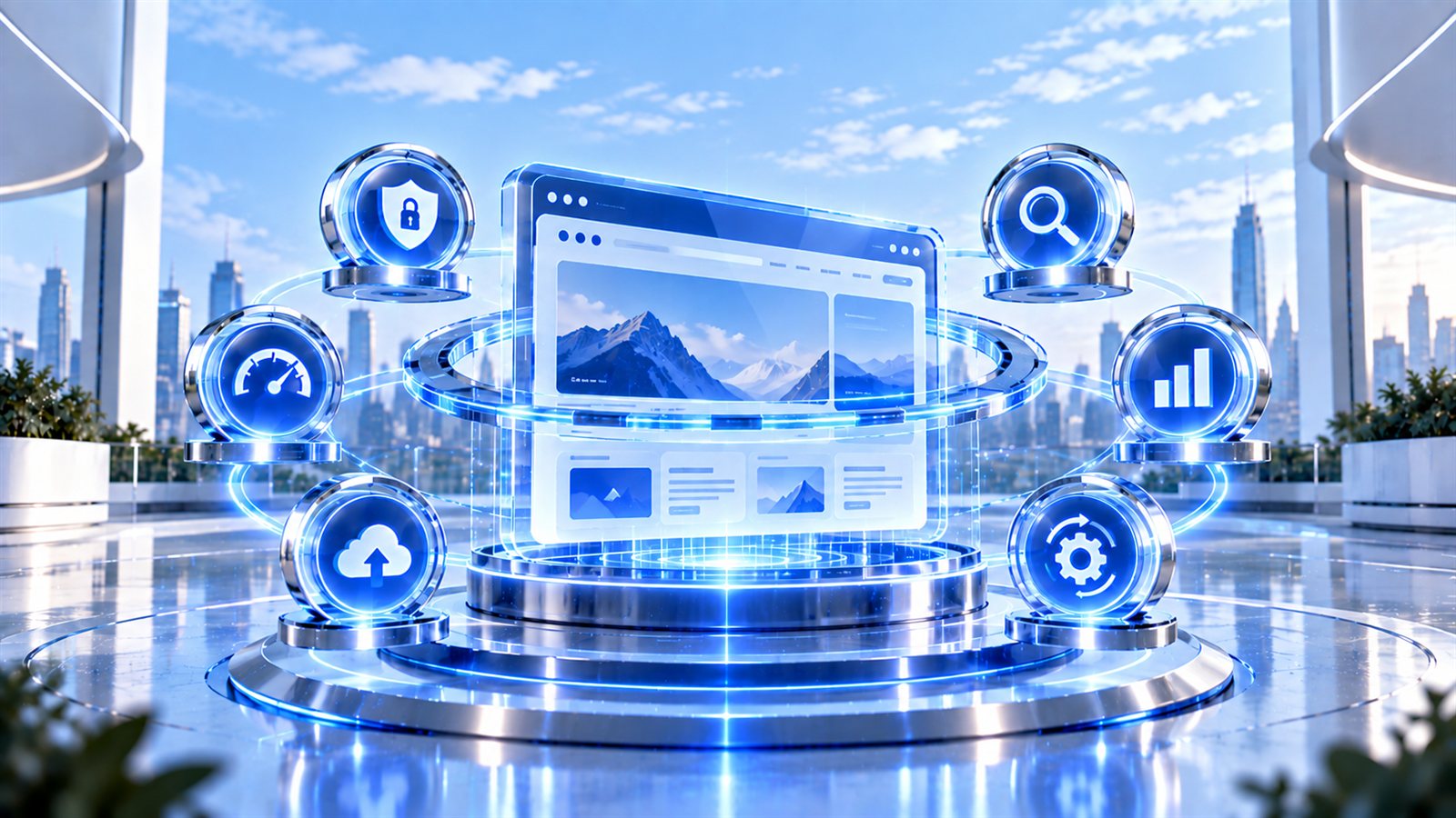A website window on a glowing pedestal encircled by maintenance icons for security, performance speed, cloud backups, search visibility, analytics and automatic updates, set in a bright rooftop space with a city skyline