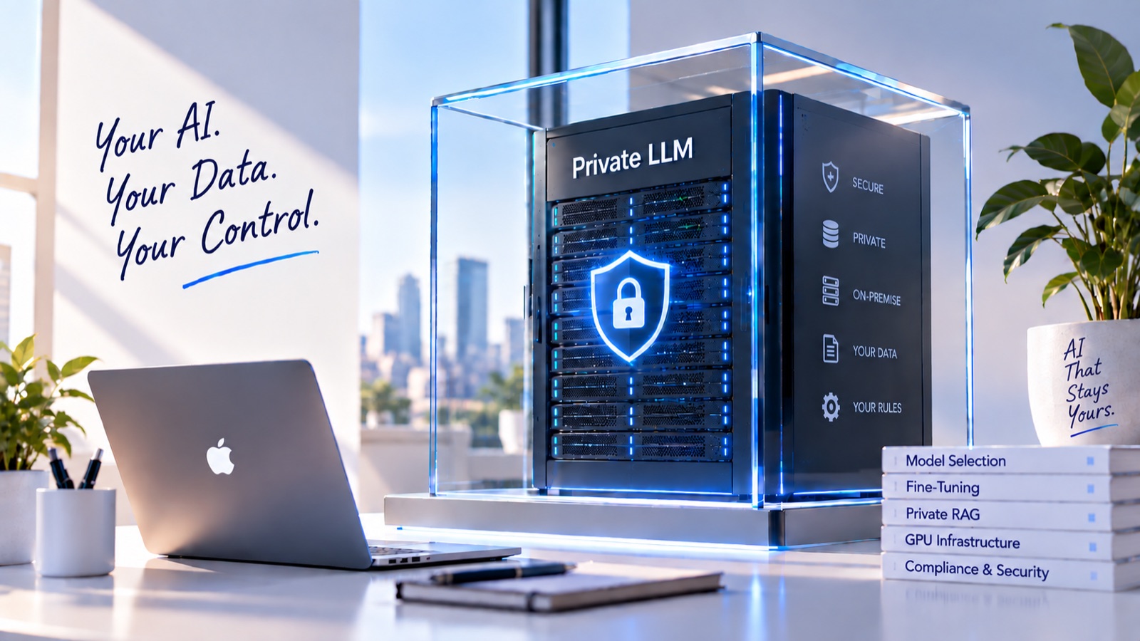An on-premise private LLM server in a secure enclosure, labelled secure, private, on-premise, your data and your rules