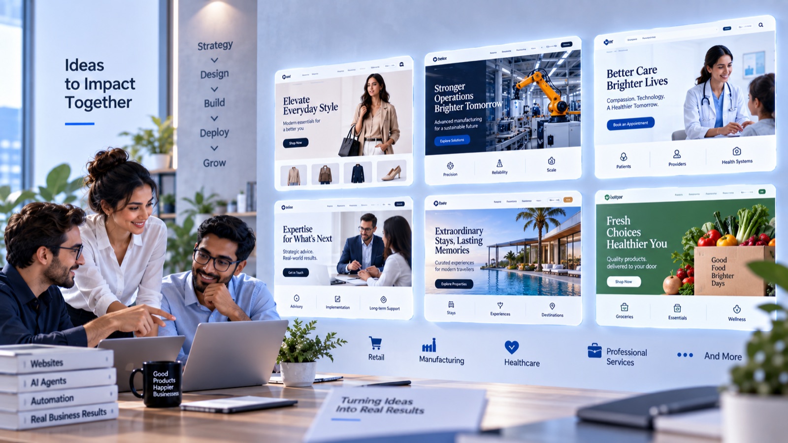 A team reviewing Webify-built websites across retail, manufacturing, healthcare, professional services, travel and grocery