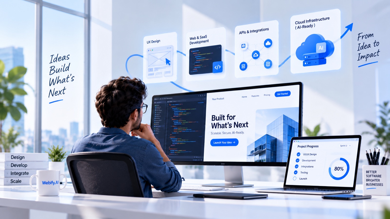 A developer building a scalable, AI-ready product across UX design, web and SaaS development, APIs and integrations and cloud infrastructure, with a sprint progress tracker at 80 percent