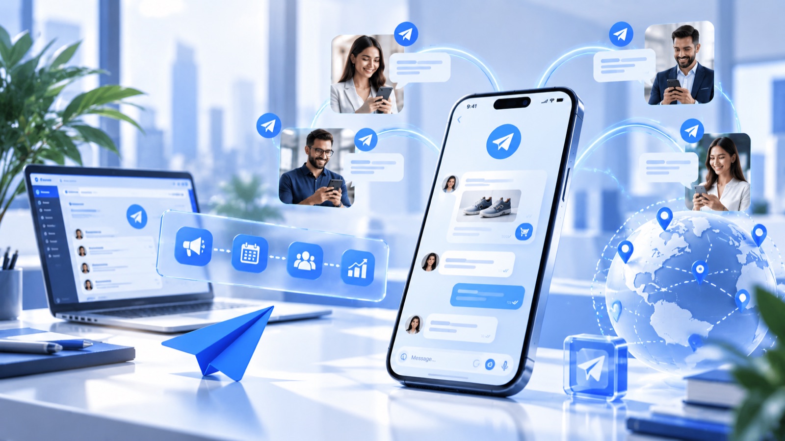 A Telegram automation bot sending product messages to customers worldwide, with a broadcast, schedule, audience and analytics workflow