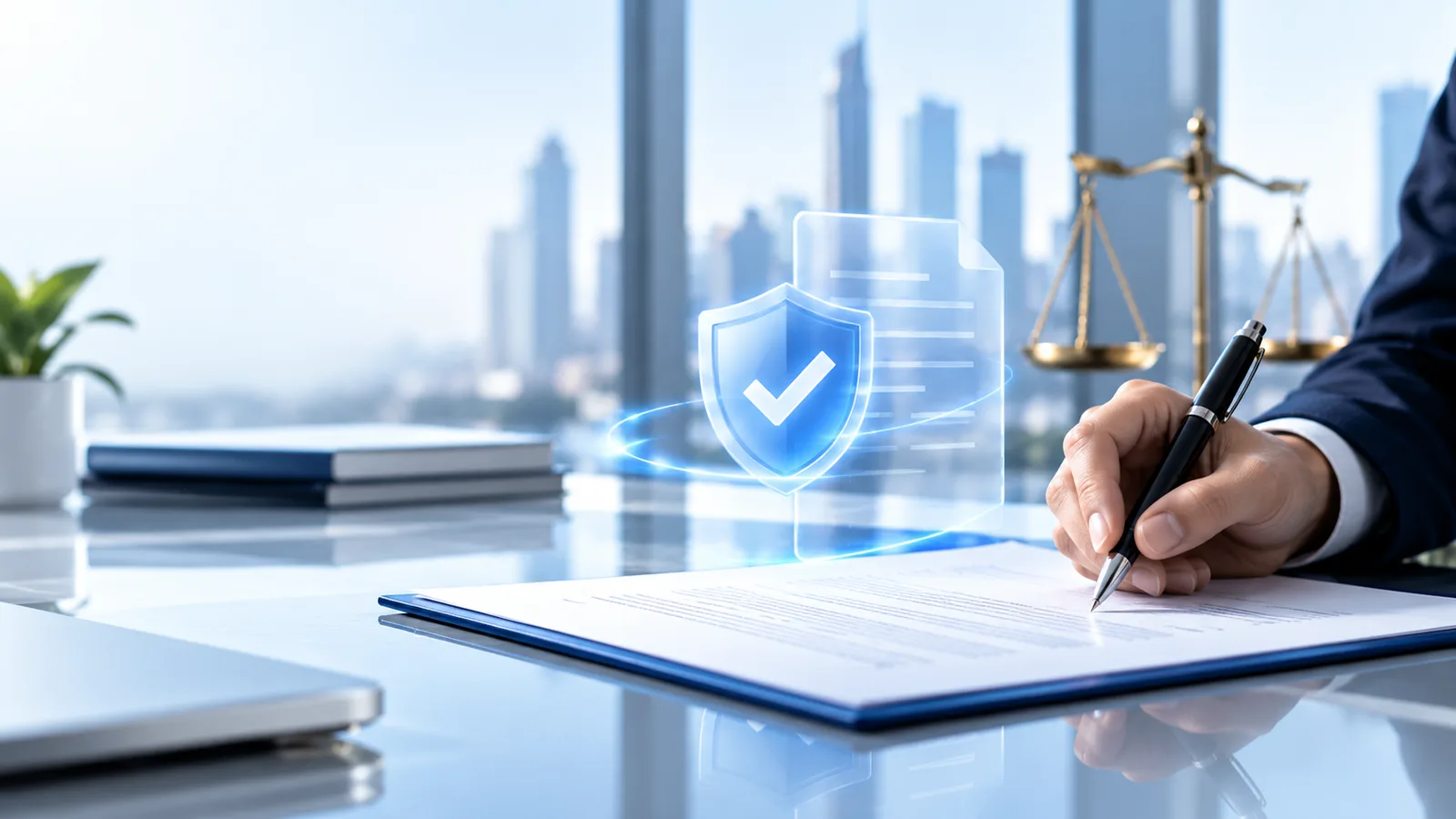 A hand signing an agreement beside a glowing shield with a check mark and the scales of justice