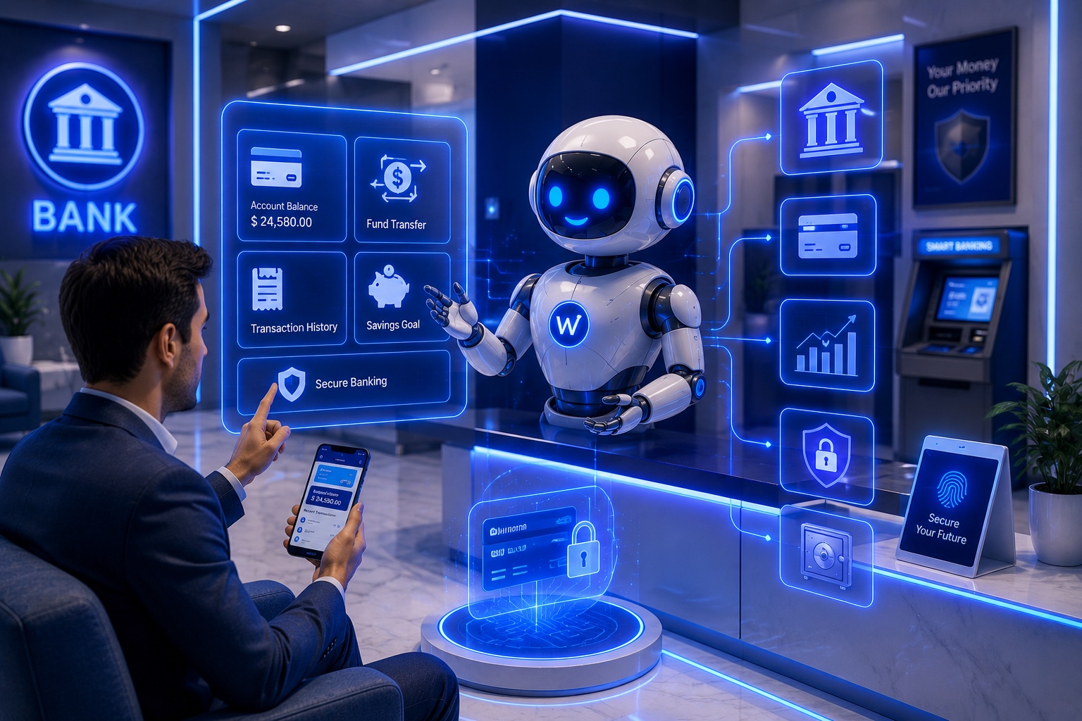 A customer using an AI banking assistant for account and transfer support