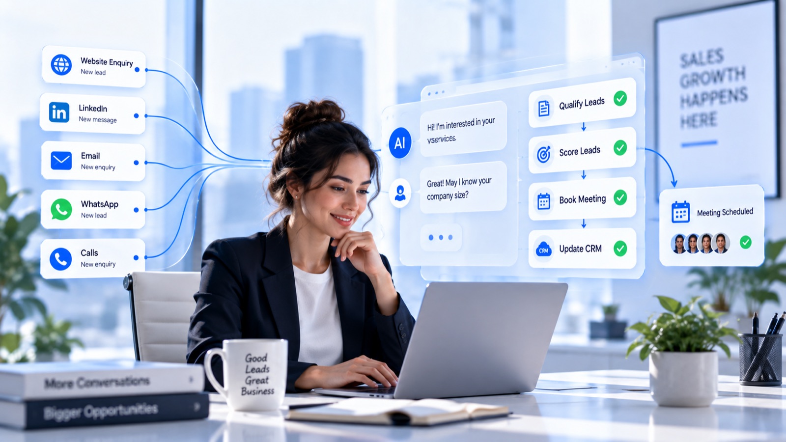 An AI agent capturing leads from website enquiries, LinkedIn, email, WhatsApp and calls, then qualifying and scoring them, booking a meeting and updating the CRM