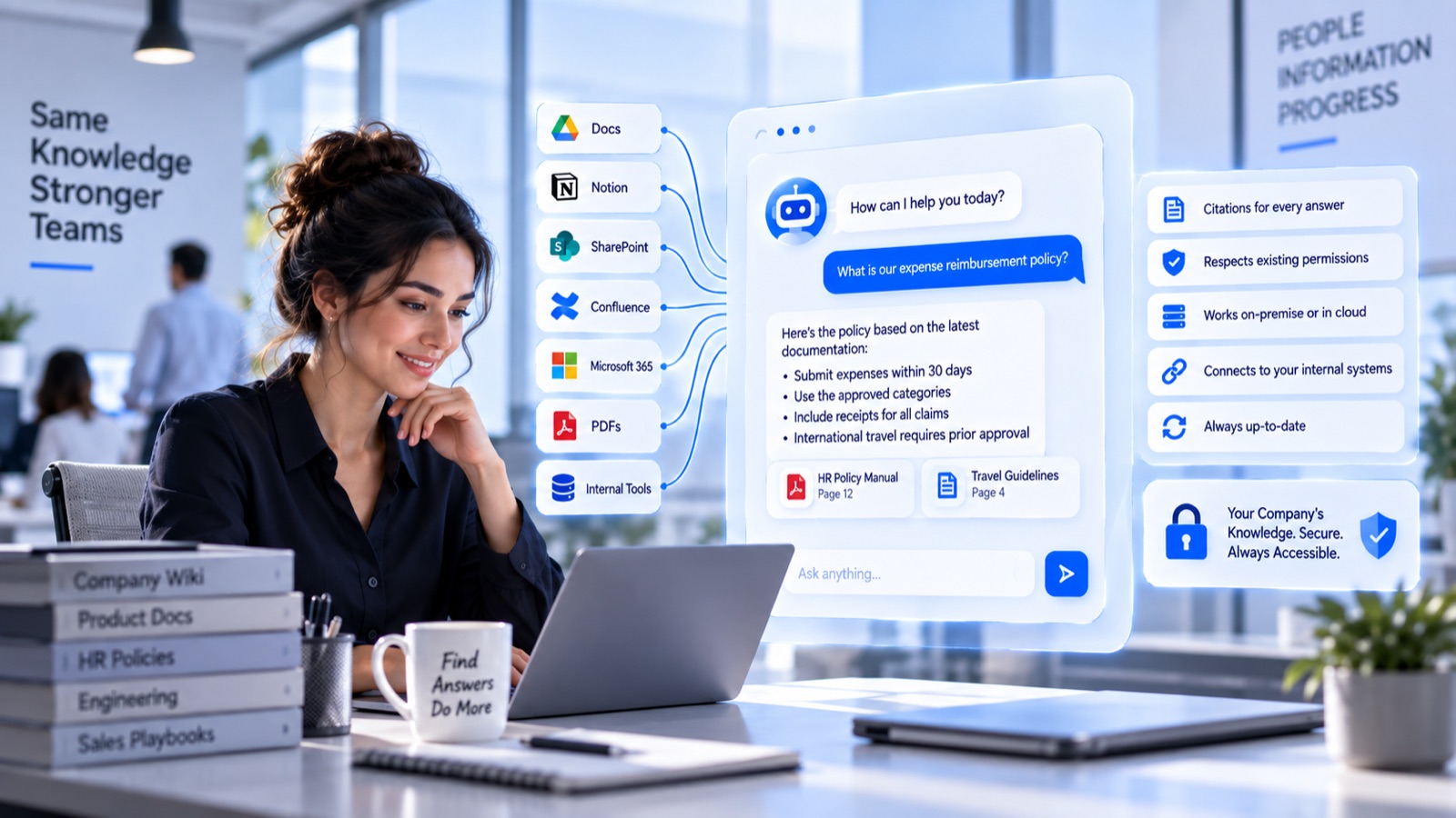An internal knowledge assistant answering a company policy question with citations, drawing on Google Docs, Notion, SharePoint, Confluence, Microsoft 365, PDFs and internal tools