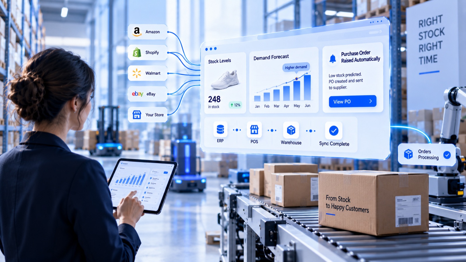 A warehouse inventory dashboard showing stock levels, a demand forecast and a purchase order raised automatically, synced across Amazon, Shopify, Walmart, eBay, ERP, POS and warehouse systems