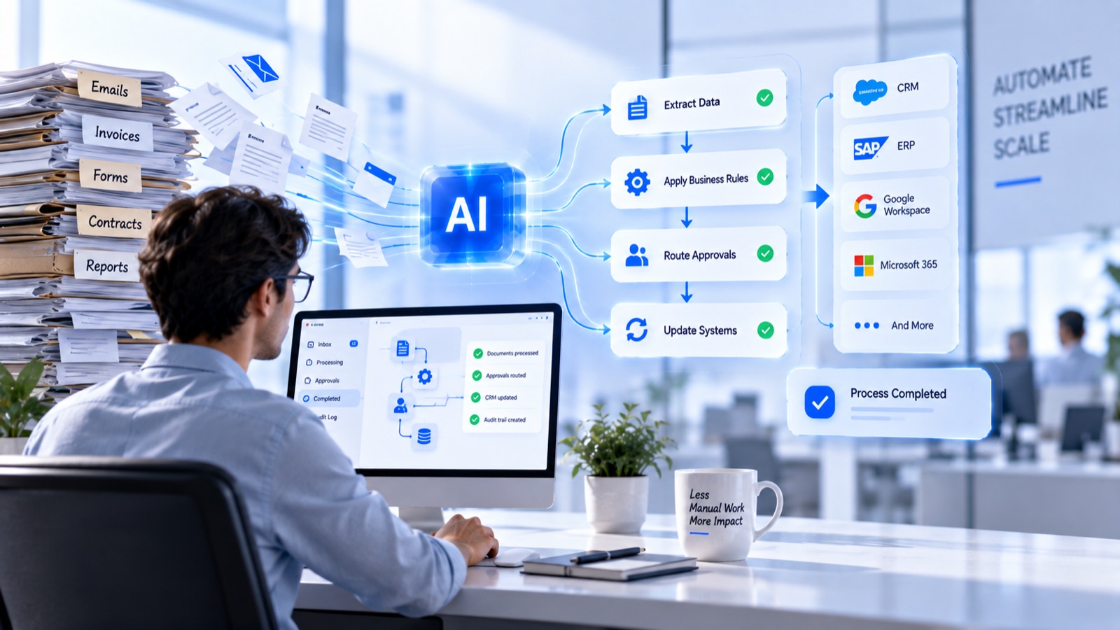 An AI workflow turning emails, invoices, forms, contracts and reports into extracted data, applied business rules, routed approvals and updated CRM, ERP and Google Workspace records
