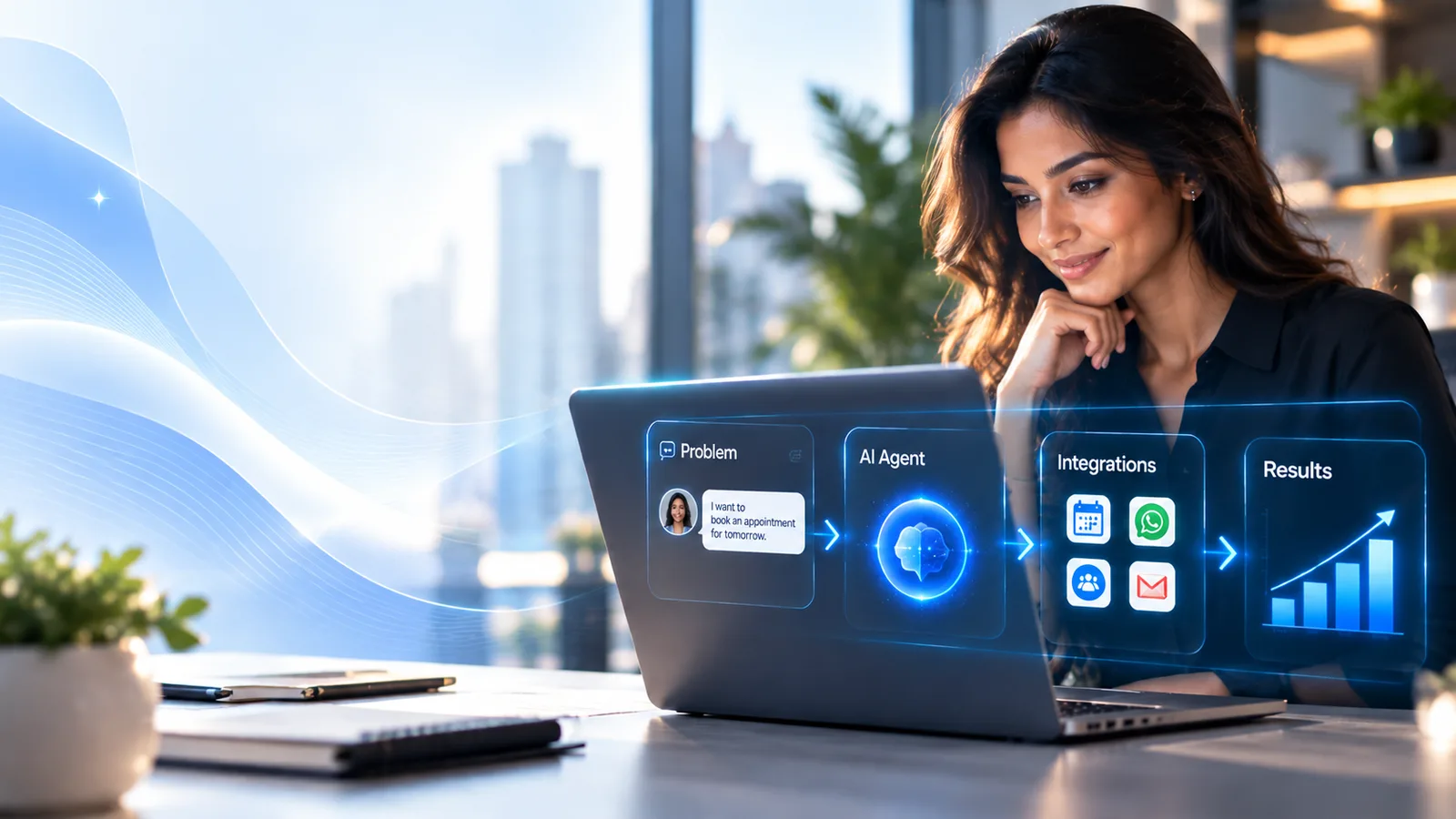 A professional at a laptop following an AI agent use case from problem (a customer asking to book an appointment) to AI agent, integrations such as calendar, WhatsApp, Teams and Gmail, and rising results