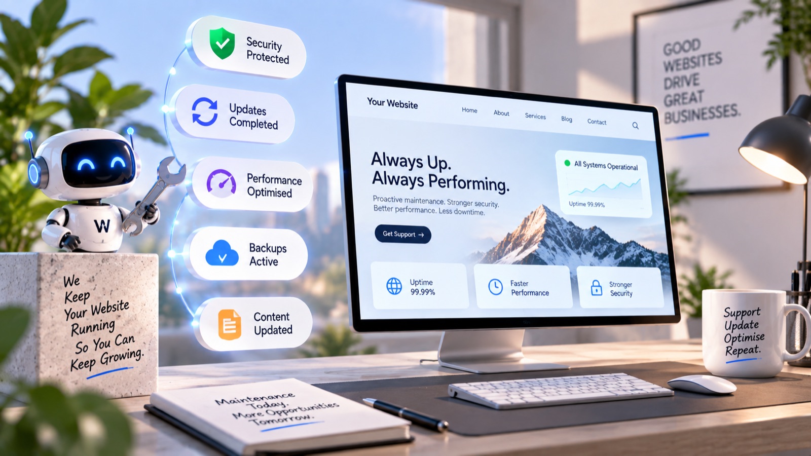A website maintenance dashboard showing 99.99 percent uptime with security protected, updates completed, performance optimised, backups active and content updated