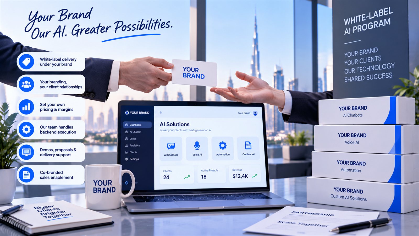 A business hand passing a Your Brand card to a partner above a laptop showing a white-label AI Solutions dashboard with 24 clients and 18 active projects, beside Your Brand boxes for AI chatbots, voice AI, automation and custom AI solutions
